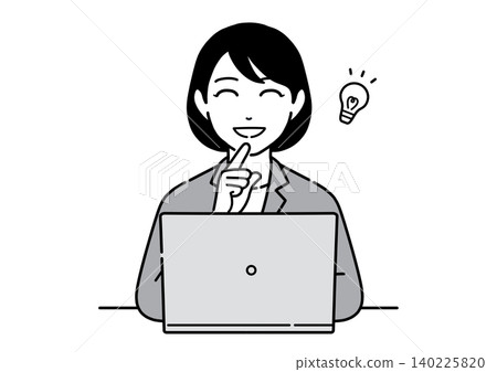A young woman in a suit, an office worker, comes up with an idea in front of her computer. (Front view) A young woman in a suit, an office worker, comes up with an idea in front of her computer. (Front view) 140225820