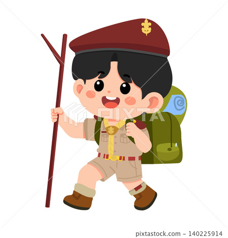 Scout Boy Hiking With Backpack and Walking Stick Scout Boy Hiking With Backpack and Walking Stick 140225914