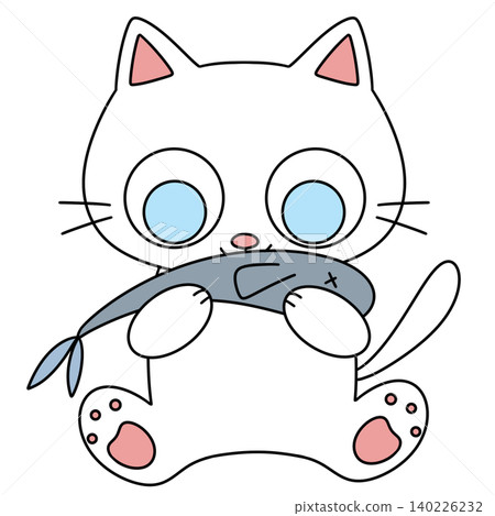 Cute white cat holds fish in paws Cute white cat holds fish in paws 140226232