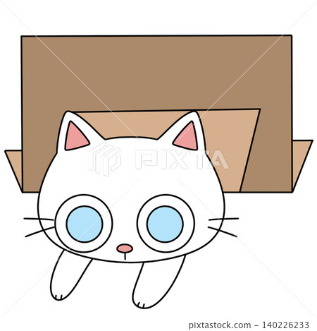 Cute white kitten peers from behind a cardboard box 140226233