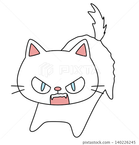 White cartoon cat with angry eyes and raised tail 140226245