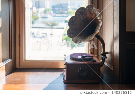 Gramophone vinyl record player with brass horn, Mojiko town, Kitakyushu Gramophone vinyl record player with brass horn, Mojiko town, Kitakyushu 140226515