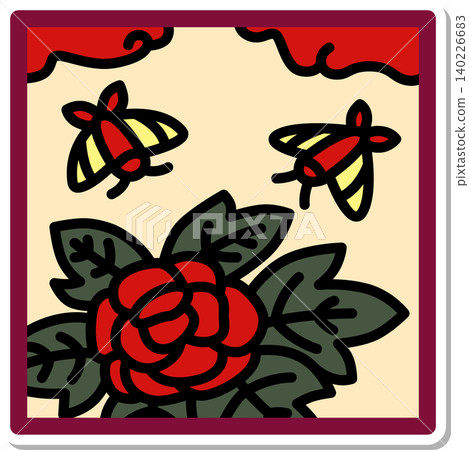 Sticker-style square Hanafuda icon: Peony and butterfly 140226683