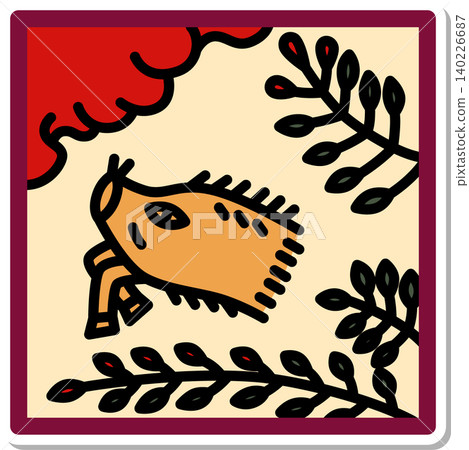 Sticker-style square Hanafuda icon: Bush clover and boar Sticker-style square Hanafuda icon: Bush clover and boar 140226687