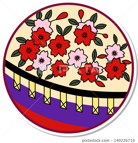 Sticker-style circular Hanafuda icon: Cherry blossom and curtain Sticker-style circular Hanafuda icon: Cherry blossom and curtain 140226718