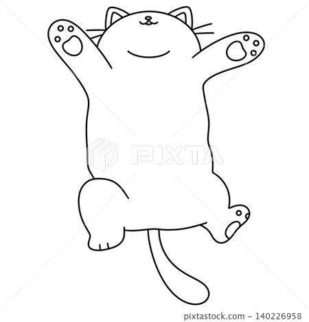 Cute cartoon cat stretches happily in simple black outline Cute cartoon cat stretches happily in simple black outline 140226958