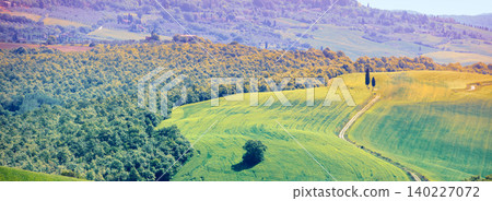 View from above of sunny fields and olive groves on rolling hills in Tuscany, Italy View from above of sunny fields and olive groves on rolling hills in Tuscany, Italy 140227072