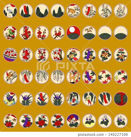 Sticker-style circular Hanafuda illustration icon set Sticker-style circular Hanafuda illustration icon set 140227100