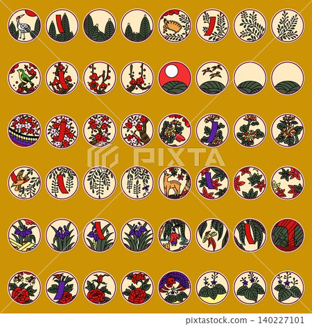 Sticker-style circular simple Hanafuda illustration icon set Sticker-style circular simple Hanafuda illustration icon set 140227101