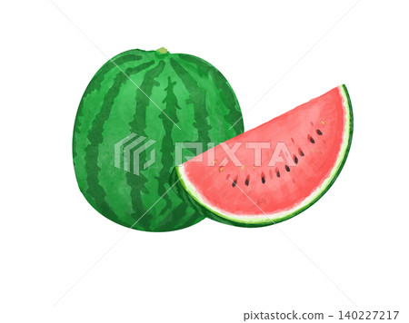 A set of illustrations featuring a whole watermelon and sliced watermelon against a white background. A set of illustrations featuring a whole watermelon and sliced watermelon against a white background. 140227217