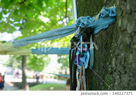 Slackline equipment with blue webbing and carabiners attached to a tree trunk in a park 140227371