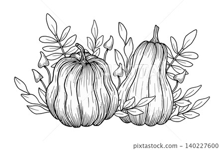 Composition of pumpkins, mushroom and a branch with leaves. Hand-drawn vector illustration with a botanical theme. Black and white graphics. Autumn garden art for holidays, Thanksgiving, invitations Composition of pumpkins, mushroom and a branch with leaves. Hand-drawn vector illustration with a botanical theme. Black and white graphics. Autumn garden art for holidays, Thanksgiving, invitations 140227600