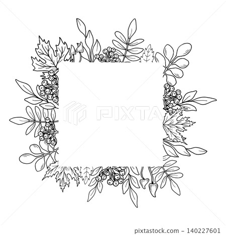 Square frame with maple leaves, rowan berries and mushrooms. Hand drawn botanical vector illustration. Black and white graphic style. Autumn garden background for holidays, invitations, Thanksgiving Square frame with maple leaves, rowan berries and mushrooms. Hand drawn botanical vector illustration. Black and white graphic style. Autumn garden background for holidays, invitations, Thanksgiving 140227601