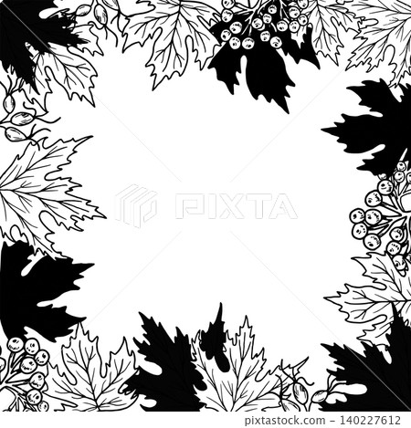 Square autumn frame with maple leaves, rowan berries and rose hips. Hand-drawn vector illustration of the plant. Black graphics. Template for invitations, quotes, Thanksgiving, Halloween decorations Square autumn frame with maple leaves, rowan berries and rose hips. Hand-drawn vector illustration of the plant. Black graphics. Template for invitations, quotes, Thanksgiving, Halloween decorations 140227612