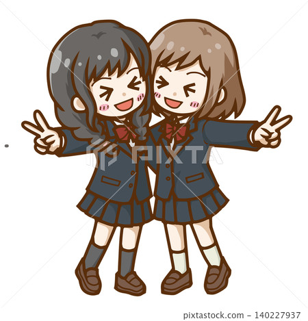 兩位高中女生面帶微笑,比出和平手勢的插圖 | 好朋友/學生 兩位高中女生面帶微笑,比出和平手勢的插圖 | 好朋友/學生 140227937