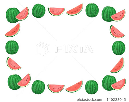 A frame illustration featuring a whole watermelon and sliced watermelon against a white background. A frame illustration featuring a whole watermelon and sliced watermelon against a white background. 140228043
