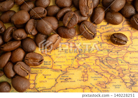 Bangkok, Thailand March 12, 2023 Coffee bean on world map, shopping online for export or import. Bangkok, Thailand March 12, 2023 Coffee bean on world map, shopping online for export or import. 140228251