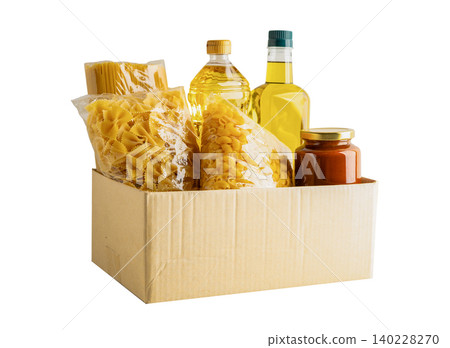 Foodstuffs in donation box isolated on white background with clipping path for volunteer to help people. 140228270
