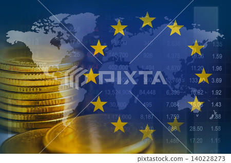 EU flag with stock market finance, economy trend graph digital technology. EU flag with stock market finance, economy trend graph digital technology. 140228273