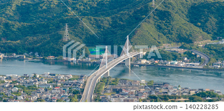 Evening aerial view overlooking the Konaruto Bridge and the Konaruto Strait. 140228285