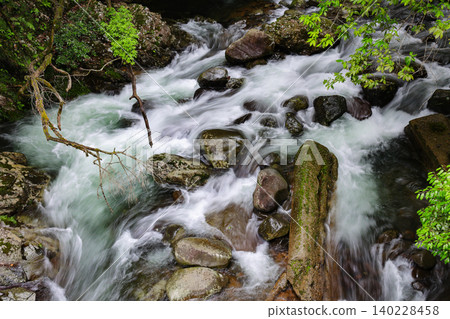 The beauty of a clear stream flowing between rocks and the fresh greenery of early summer: a powerful and awe-inspiring landscape photograph showcasing the strength and power of nature. The beauty of a clear stream flowing between rocks and the fresh greenery of early summer: a powerful and awe-inspiring landscape photograph showcasing the strength and power of nature. 140228458