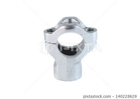 Assembled motorcycle aluminum handlebar mounting bracket clamp on white background. Assembled motorcycle aluminum handlebar mounting bracket clamp on white background. 140228629