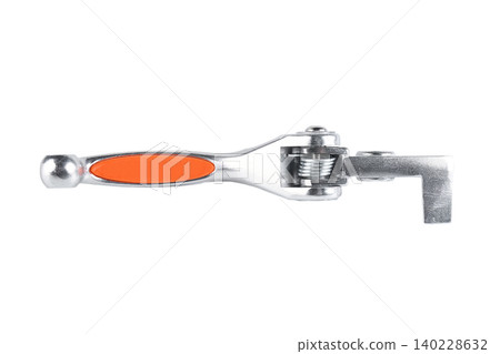 Profile view of motorcycle aluminum folding brake lever with orange insert on white background. Profile view of motorcycle aluminum folding brake lever with orange insert on white background. 140228632