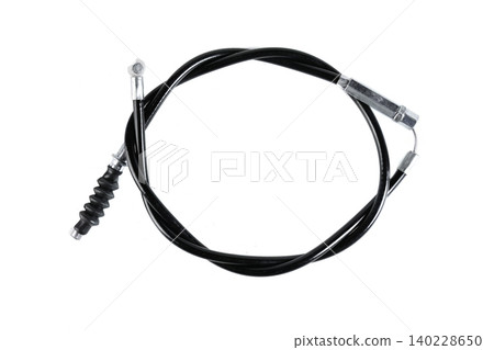 Motorcycle brake control cable with black housing sleeve and hex adjuster top view. Motorcycle brake control cable with black housing sleeve and hex adjuster top view. 140228650