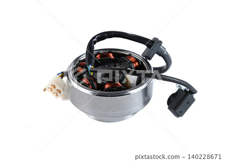 Motorcycle magneto stator coil with flywheel rotor and pulse sensor on white. Motorcycle magneto stator coil with flywheel rotor and pulse sensor on white. 140228671