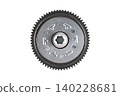 Motorcycle engine starter clutch gear assembly with splined inner hub isolated top view. 140228681