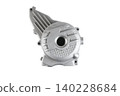 Motorcycle engine aluminum stator ignition cover with inspection port isolated top view. 140228684