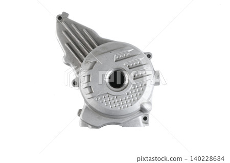 Motorcycle engine aluminum stator ignition cover with inspection port isolated top view. Motorcycle engine aluminum stator ignition cover with inspection port isolated top view. 140228684