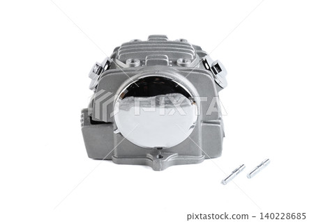 Motorcycle engine aluminum cylinder head with chrome camshaft side cover and studs. Motorcycle engine aluminum cylinder head with chrome camshaft side cover and studs. 140228685