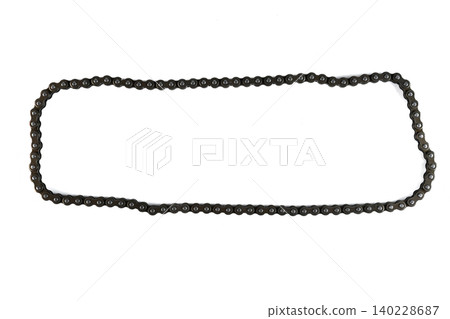 Motorcycle engine steel roller timing drive chain replacement hardware loop top view. Motorcycle engine steel roller timing drive chain replacement hardware loop top view. 140228687