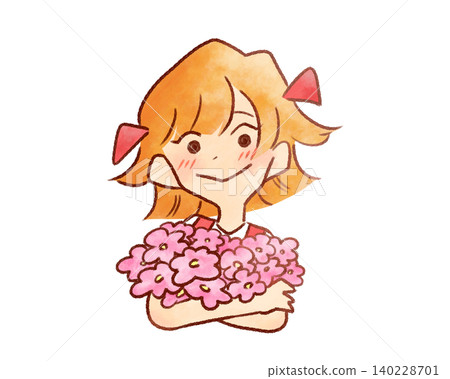A girl holding a bouquet of flowers, watercolor style (hand-drawn) 140228701