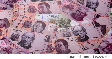 Mexican paper money, peso in various denominations. Mexican money Mexican paper money, peso in various denominations. Mexican money 140228914