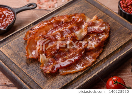 Fried fresh bacon slices with layers of meat or prosciutto with salt and spices. Fried bacon Fried fresh bacon slices with layers of meat or prosciutto with salt and spices. Fried bacon 140228920