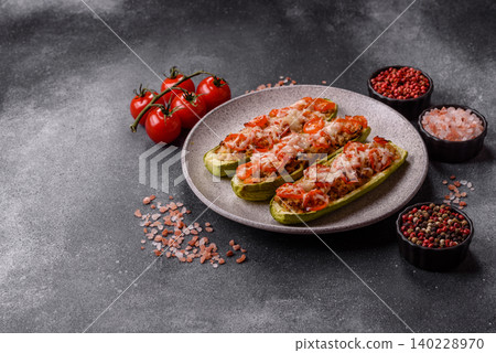Baked zucchini half with minced meat, tomatoes, cheese, salt, and spices. Zucchini with minced meat Baked zucchini half with minced meat, tomatoes, cheese, salt, and spices. Zucchini with minced meat 140228970