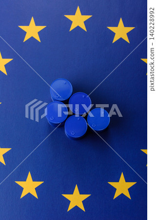 Metal barrels containing oil, gas, or chemicals, with a prohibition sign. Oil barrels Metal barrels containing oil, gas, or chemicals, with a prohibition sign. Oil barrels 140228992
