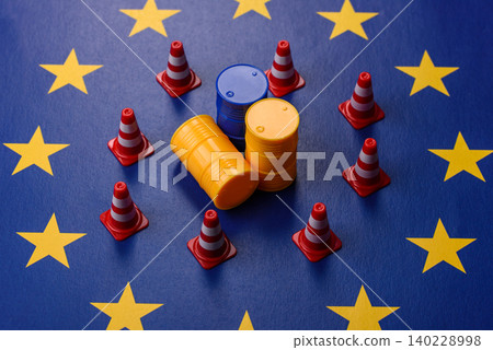 The cargo container ban on the EU flag as a conceptual backdrop . The cargo container embargo The cargo container ban on the EU flag as a conceptual backdrop . The cargo container embargo 140228998