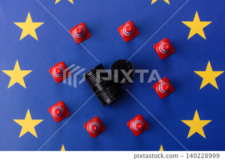 The cargo container ban on the EU flag as a conceptual backdrop . The cargo container embargo The cargo container ban on the EU flag as a conceptual backdrop . The cargo container embargo 140228999