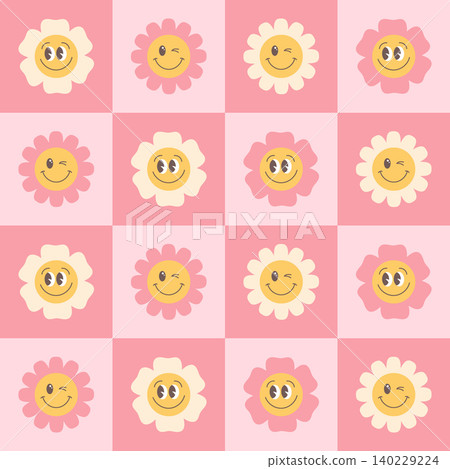 Cute flower seamless pattern. Seamless pattern with smiling daisy flowers on a checkerboard background. Cute flower seamless pattern. Seamless pattern with smiling daisy flowers on a checkerboard background. 140229224
