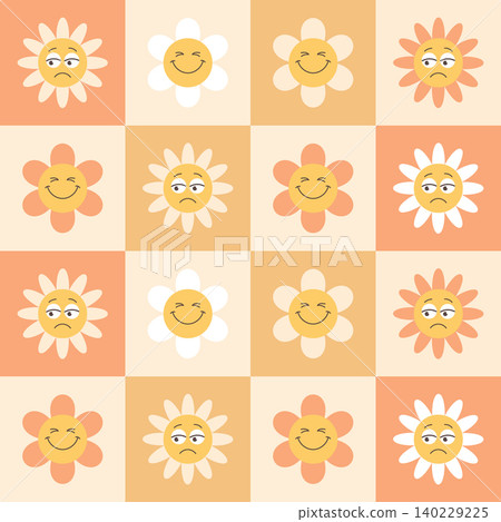 Cute flower seamless pattern. Seamless pattern with smiling and sad daisy flowers on a checkerboard background. 140229225