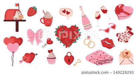 A collection of romantic Valentine's Day love symbols. Cute hearts, roses, gifts, balloons, chocolates, wine glasses, and other love-themed objects A collection of romantic Valentine's Day love symbols. Cute hearts, roses, gifts, balloons, chocolates, wine glasses, and other love-themed objects 140229293