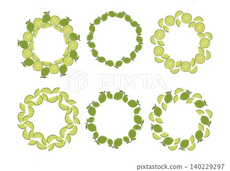 A set of wreath with green limes and leaves arranged in a circle. Bright and fresh citrus design perfect for summer themes, tropical backgrounds and food packaging A set of wreath with green limes and leaves arranged in a circle. Bright and fresh citrus design perfect for summer themes, tropical backgrounds and food packaging 140229297