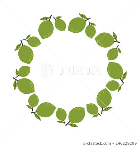 A wreath with green limes and leaves arranged in a circle. Bright and fresh citrus design perfect for summer themes, tropical backgrounds and food packaging A wreath with green limes and leaves arranged in a circle. Bright and fresh citrus design perfect for summer themes, tropical backgrounds and food packaging 140229299