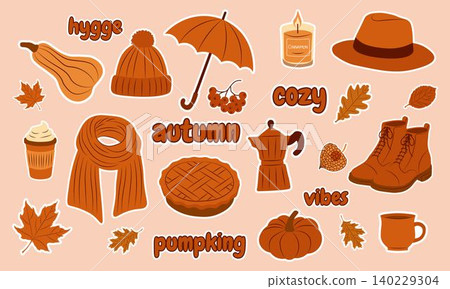Autumn cozy sticker set. Cute fall elements for scrapbooking. Pumpkins, teapot, leaves, candle, pie. Ideal for fall season, social media, planner and harvest designs Autumn cozy sticker set. Cute fall elements for scrapbooking. Pumpkins, teapot, leaves, candle, pie. Ideal for fall season, social media, planner and harvest designs 140229304