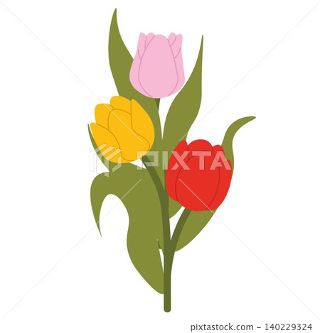 Bouquet of fresh yellow, red and pink tulips. Floral illustration in a soft, elegant style for spring holidays and Mother's Day Bouquet of fresh yellow, red and pink tulips. Floral illustration in a soft, elegant style for spring holidays and Mother's Day 140229324