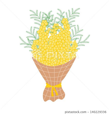 Bouquet of yellow mimosa wrapped in decorative paper, tied with a ribbon. Floral illustration in a soft, elegant style for spring holidays Bouquet of yellow mimosa wrapped in decorative paper, tied with a ribbon. Floral illustration in a soft, elegant style for spring holidays 140229336