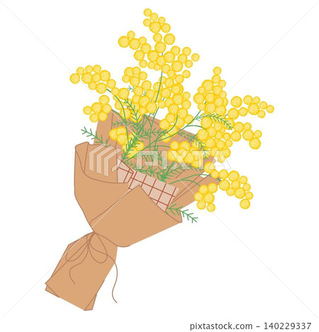 Bouquet of yellow mimosa wrapped in decorative paper, tied with a ribbon. Floral illustration in a soft, elegant style for spring holidays Bouquet of yellow mimosa wrapped in decorative paper, tied with a ribbon. Floral illustration in a soft, elegant style for spring holidays 140229337